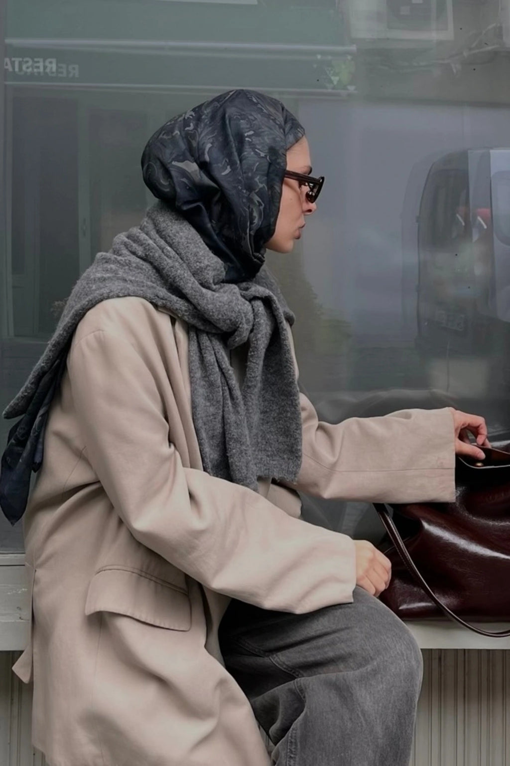 Botanik Desenli Koyu Haki Şal - S09