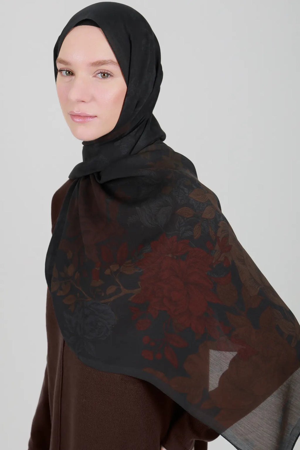 Antik Gül Desenli Antrasit Şal - MK24