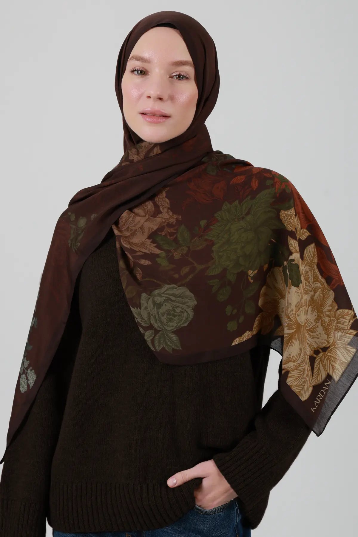 Antik Gül Desenli Kahve Şal - MK23