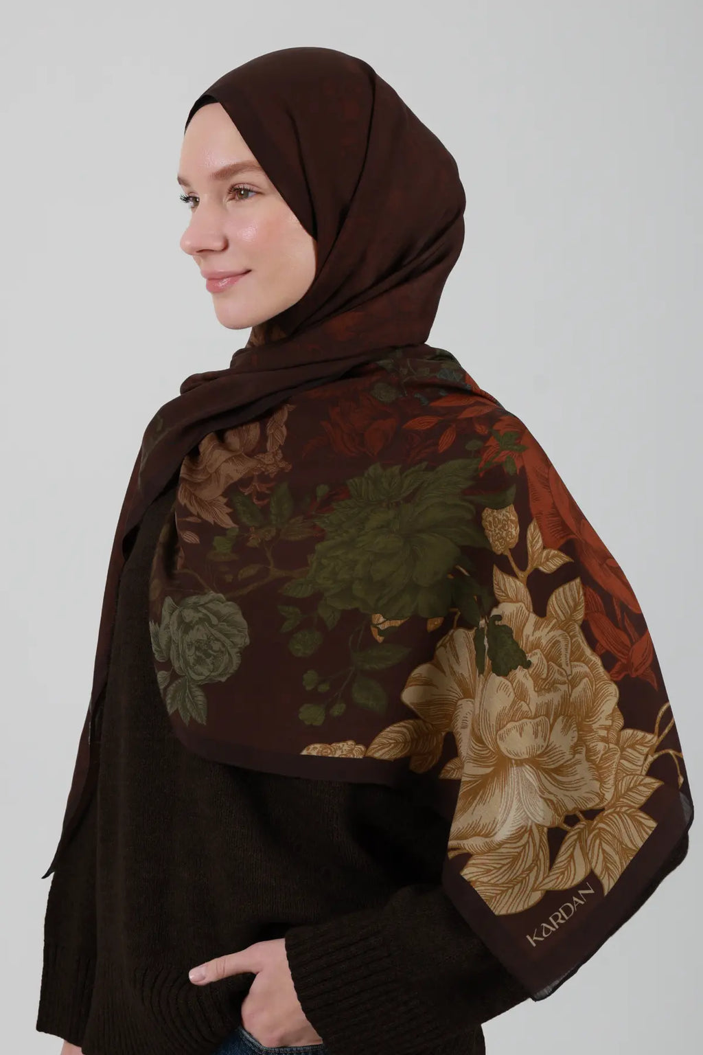 Antik Gül Desenli Kahve Şal - MK23