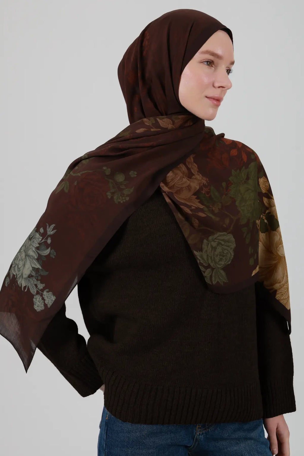 Antik Gül Desenli Kahve Şal - MK23