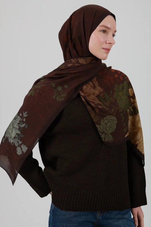 Antik Gül Desenli Kahve Şal - MK23