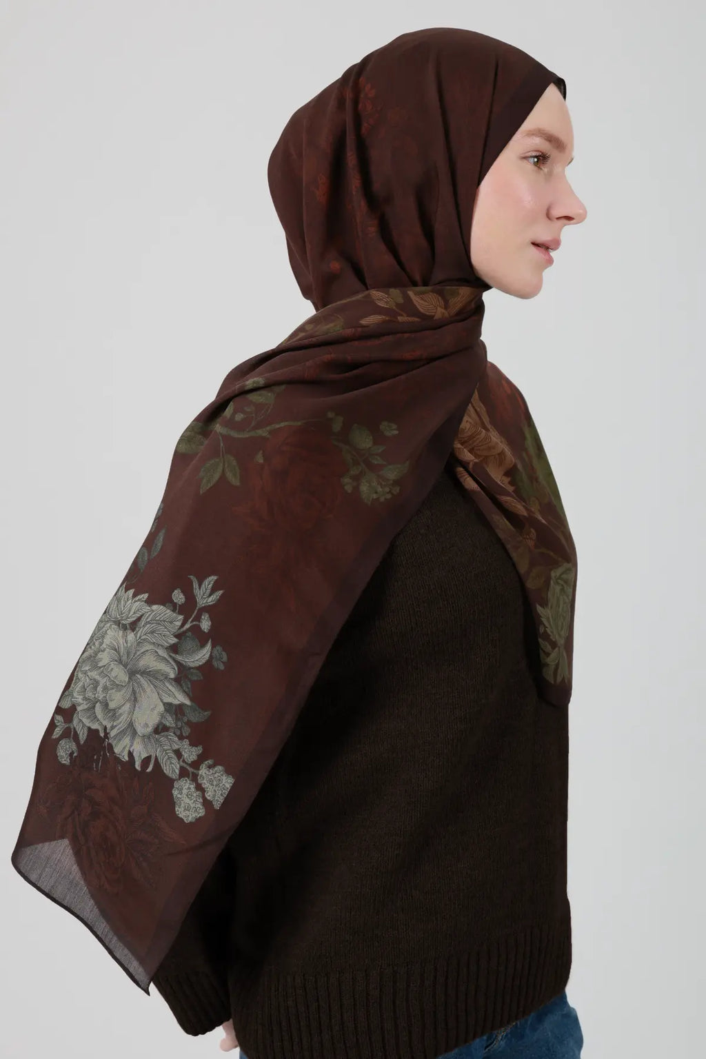 Antik Gül Desenli Kahve Şal - MK23