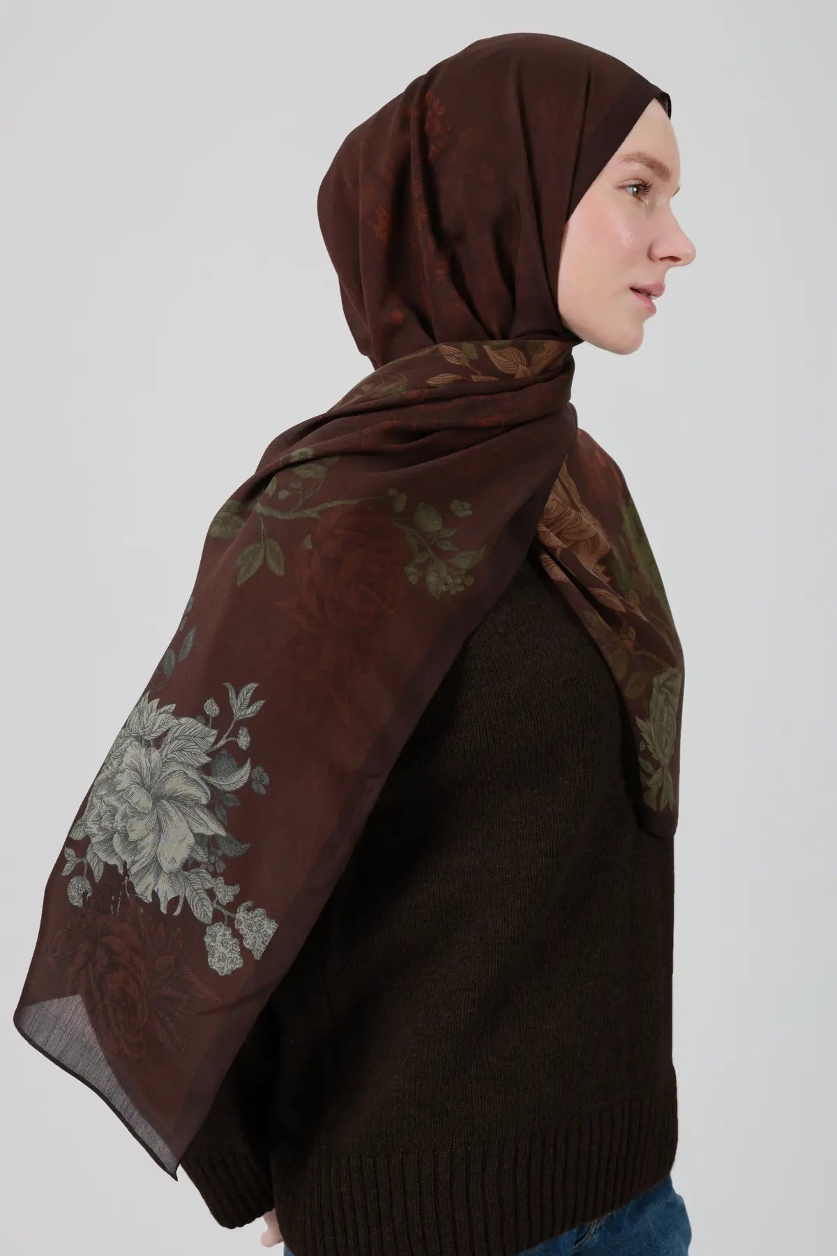 Antik Gül Desenli Kahve Şal - MK23