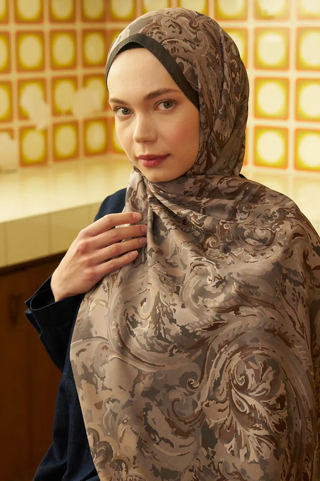 Botanik Desenli Taş Beji Şal - S03