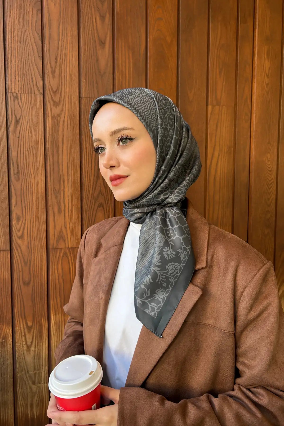 Desenli Twill Eşarp Camelia - Antrasit