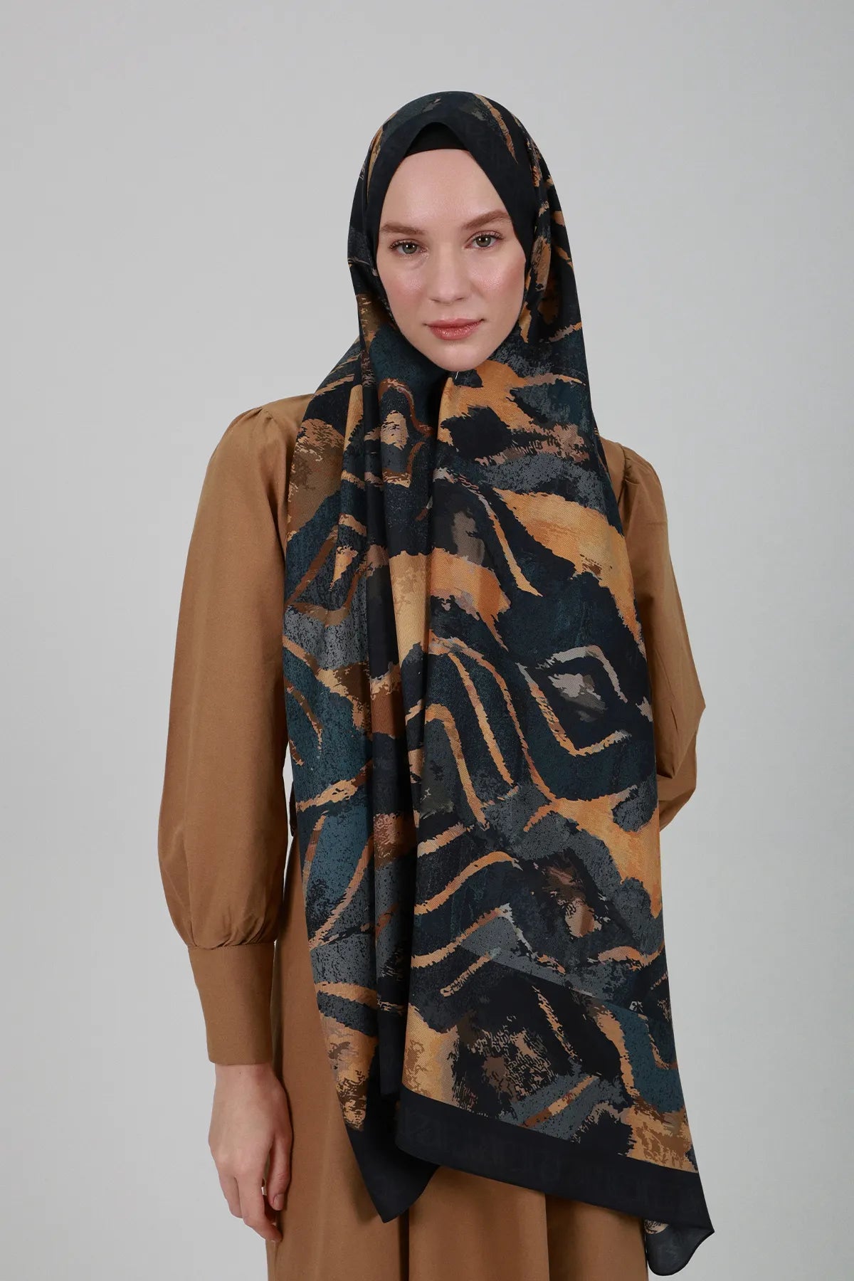 Duna Desen İpek Şal - Amber