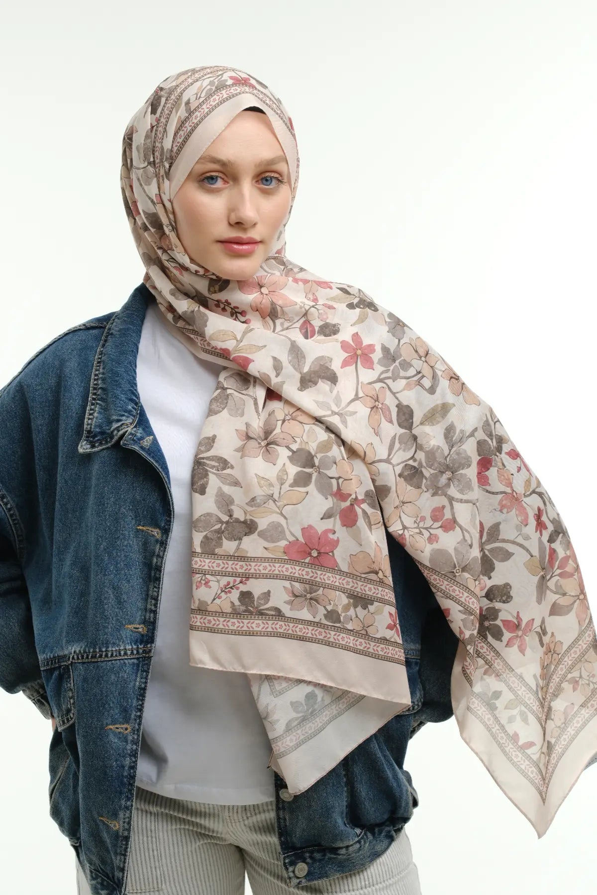 Floral Desen Şal - Krem