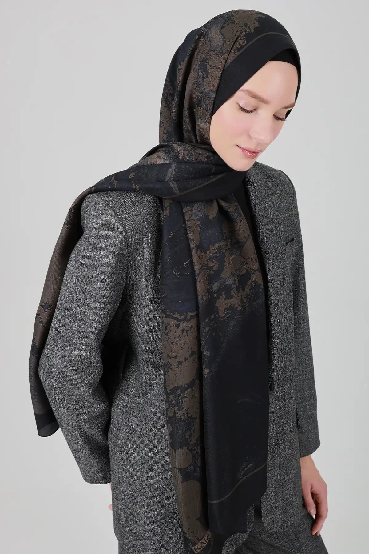 Oniks Desen İpek Şal - Gri Vizon
