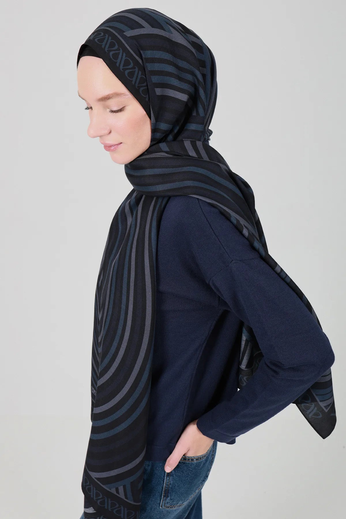 Orbit Desen İpek Şal - İndigo