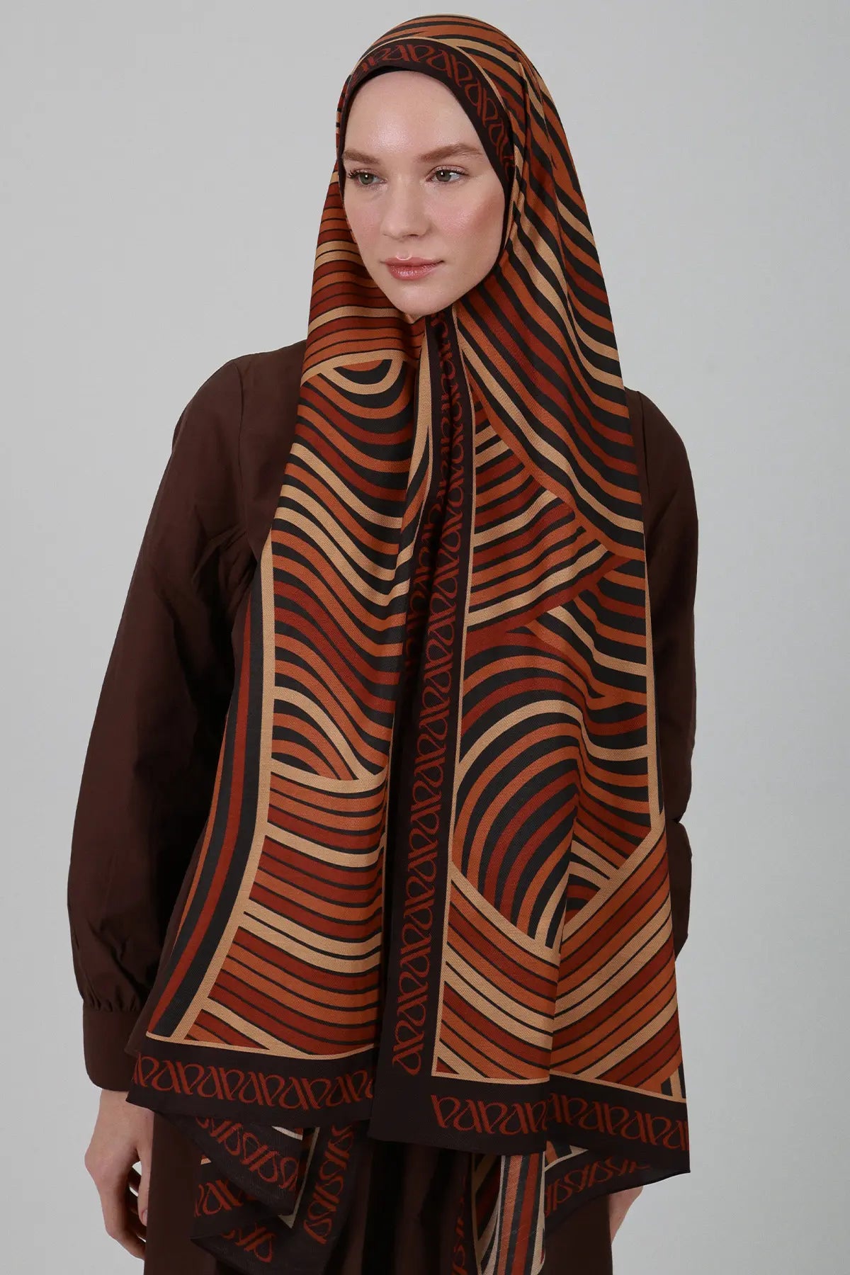 Orbit Desen İpek Şal - Kiremit