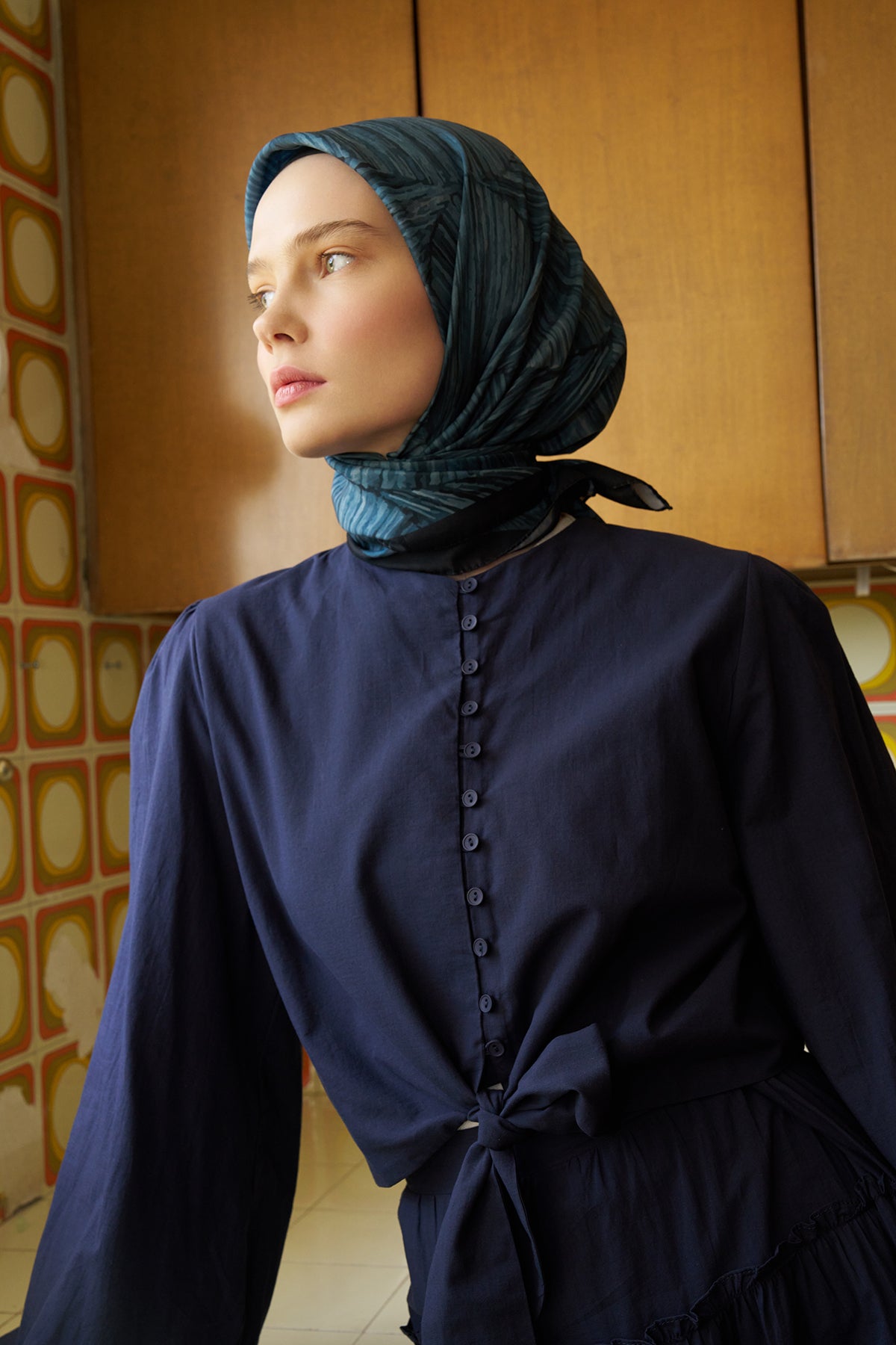 Prizma Desenli Lacivert Eşarp - S01