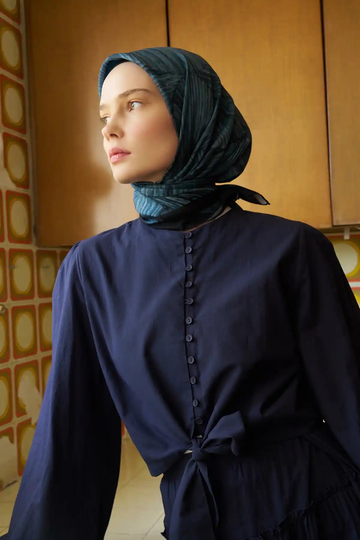 Prizma Desenli Lacivert Eşarp - S01