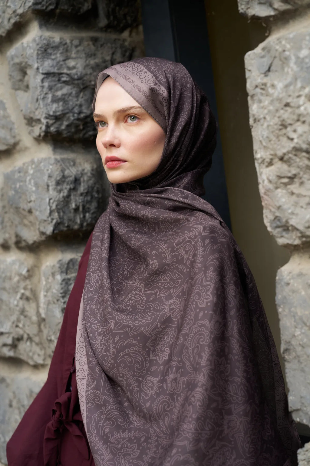 Rosa Desen Şal - Antik Bordo - M13