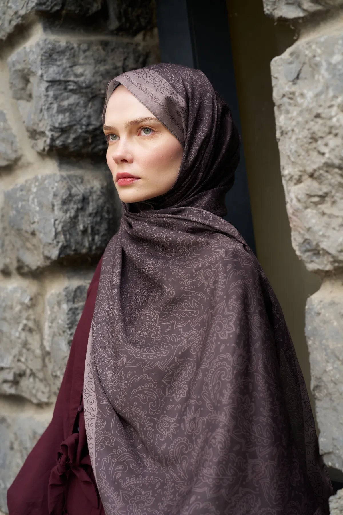 Rosa Desen Şal - Antik Bordo - M13