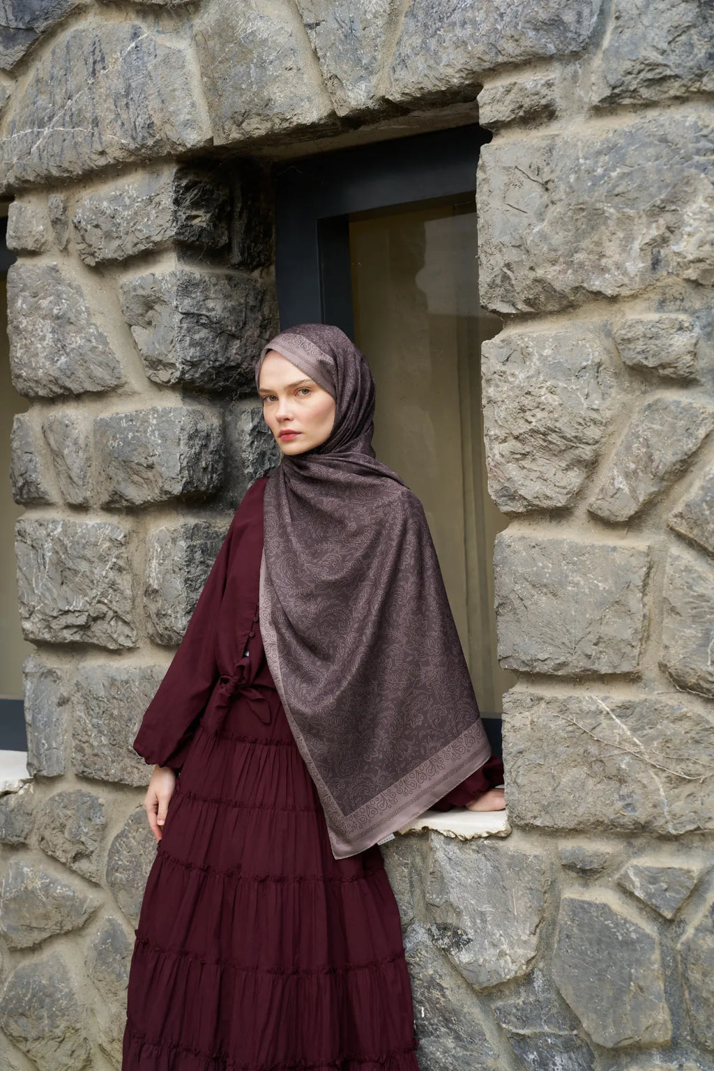 Rosa Desen Şal - Antik Bordo - M13