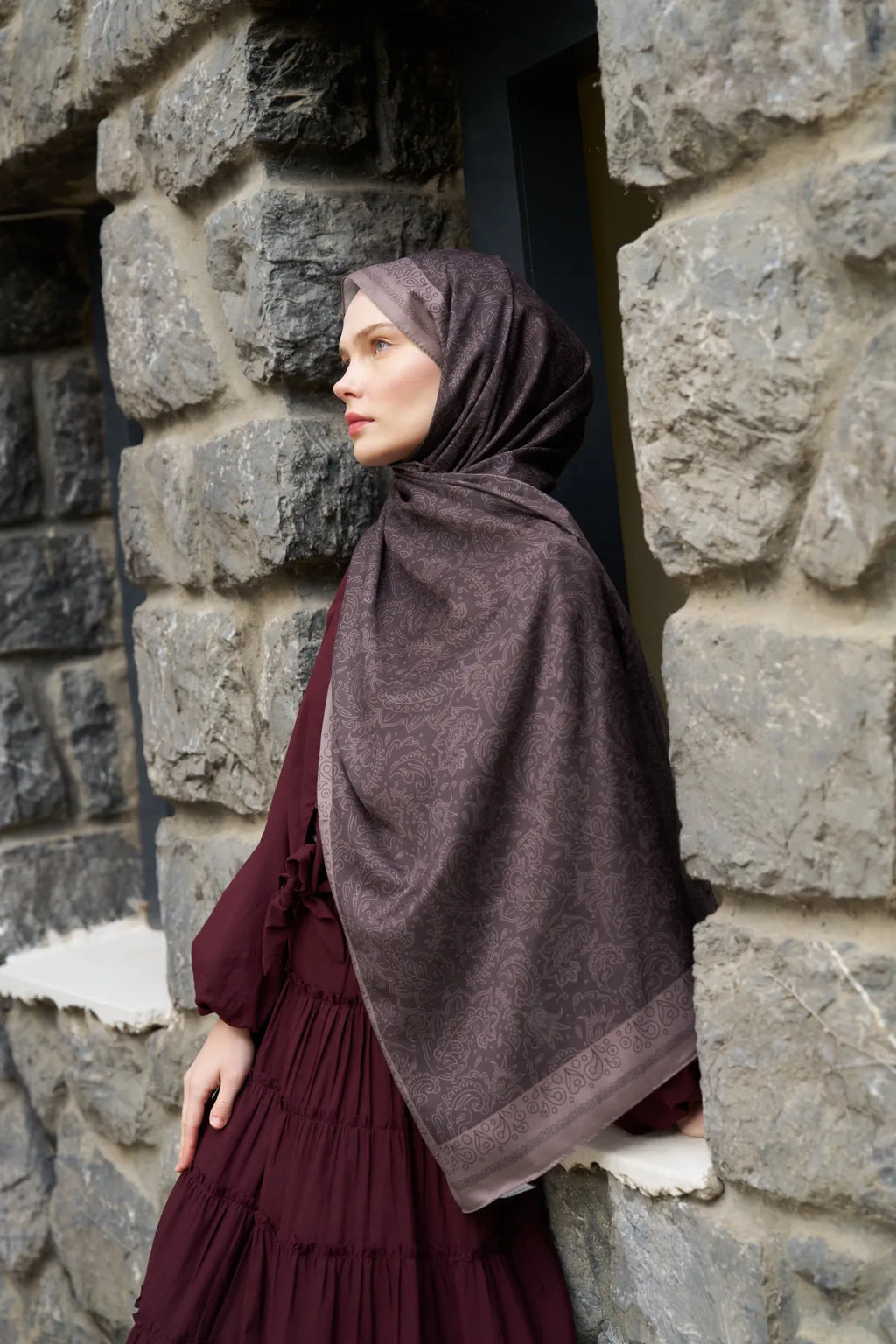 Rosa Desen Şal - Antik Bordo - M13