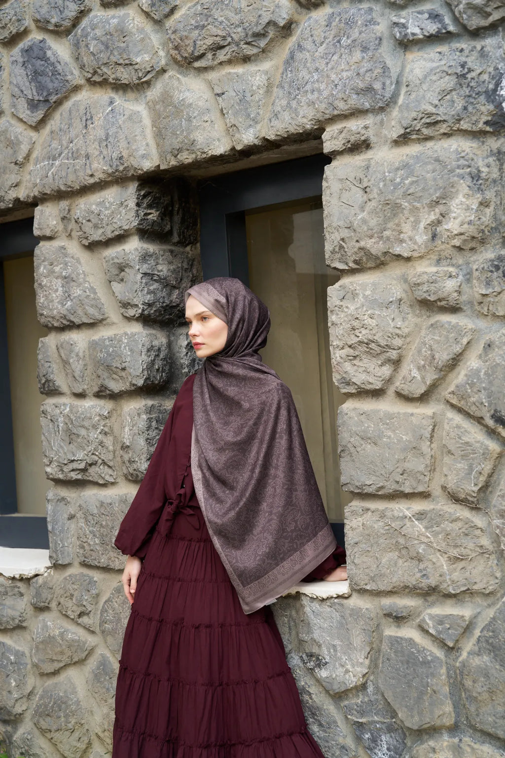 Rosa Desen Şal - Antik Bordo - M13