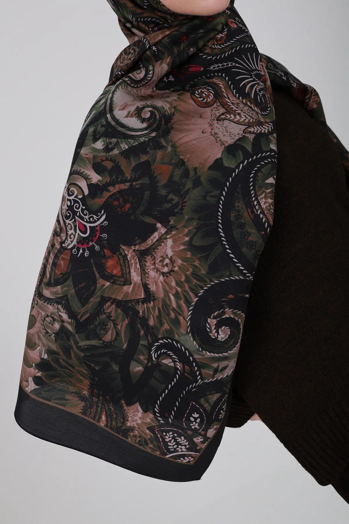 Sepya Desen İpek Şal - Haki