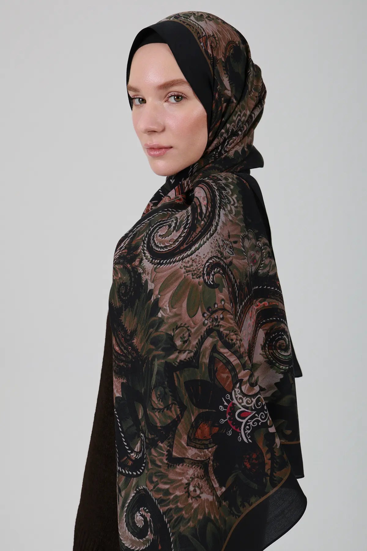 Sepya Desen İpek Şal - Haki