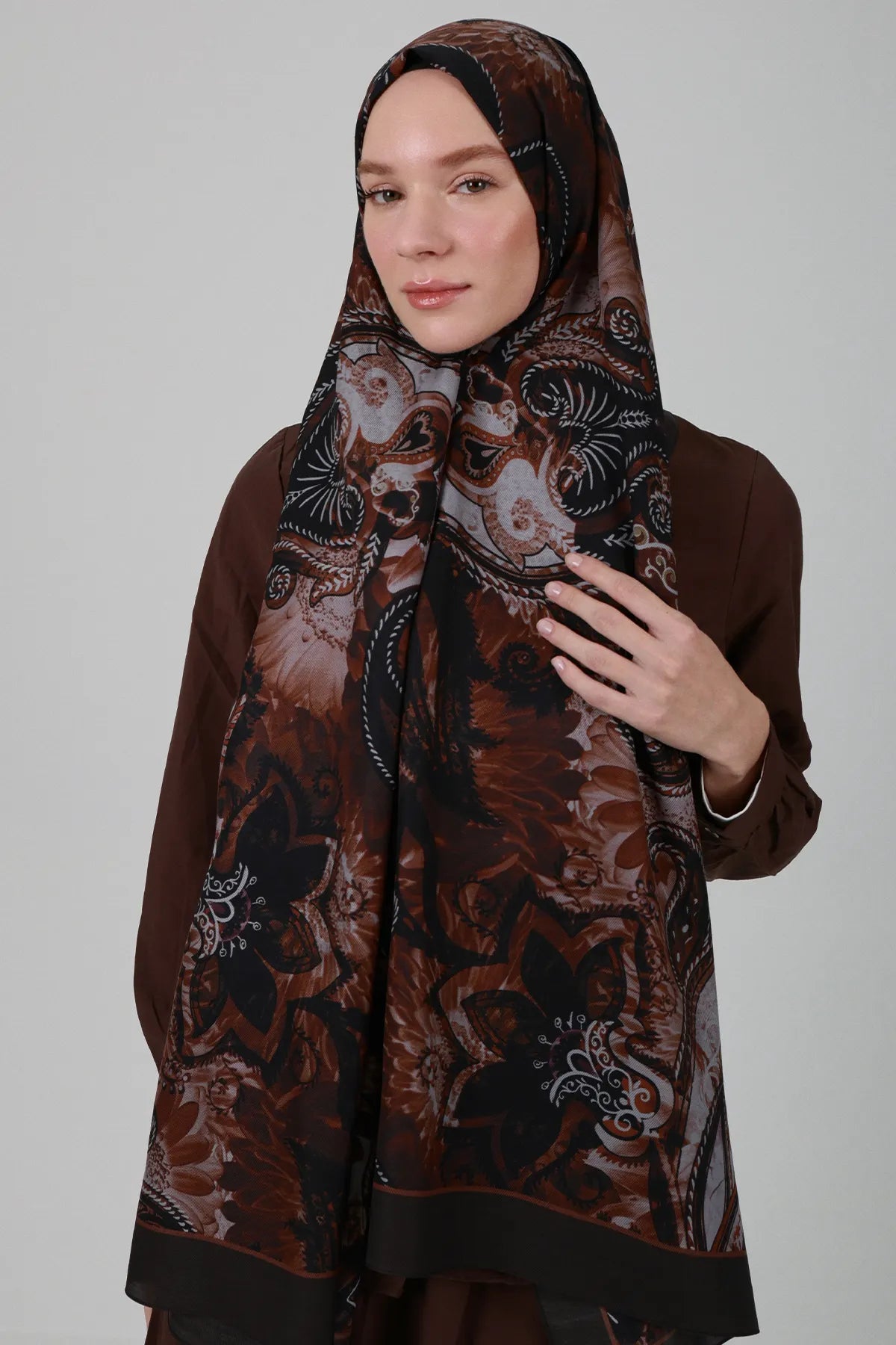 Sepya Desen İpek Şal - Kahve
