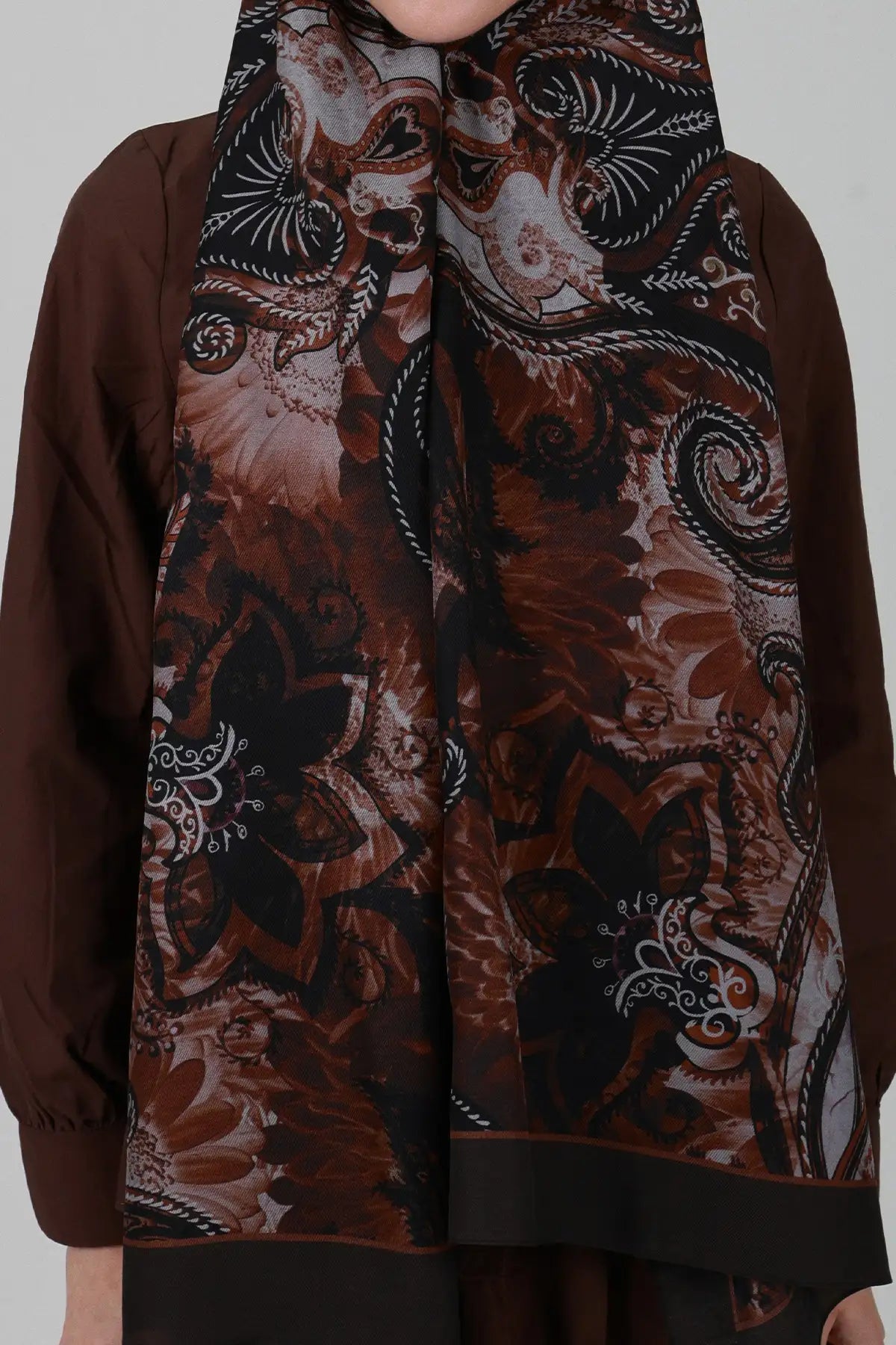 Sepya Desen İpek Şal - Kahve