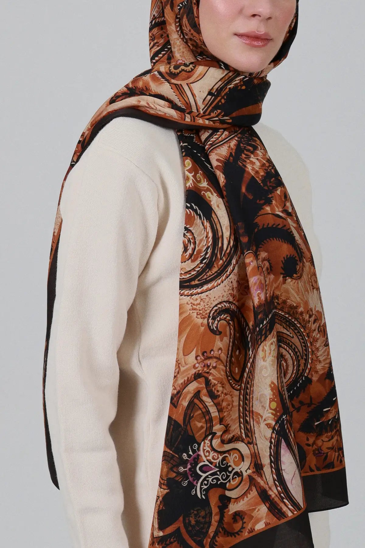 Sepya Desen İpek Şal - Taba