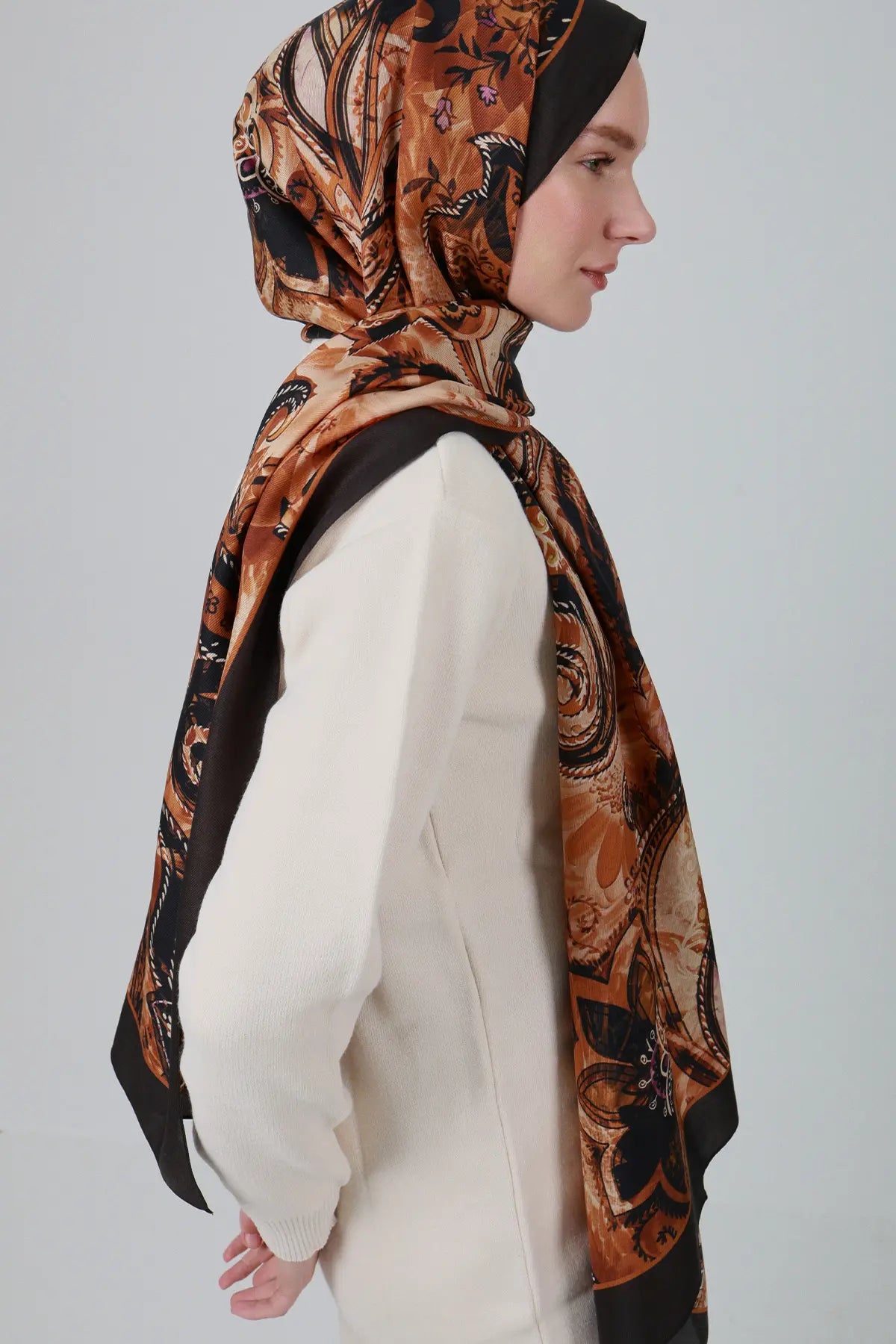 Sepya Desen İpek Şal - Taba