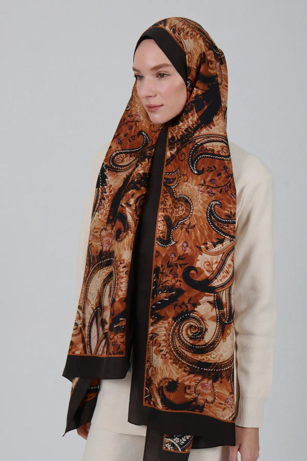 Sepya Desen İpek Şal - Taba