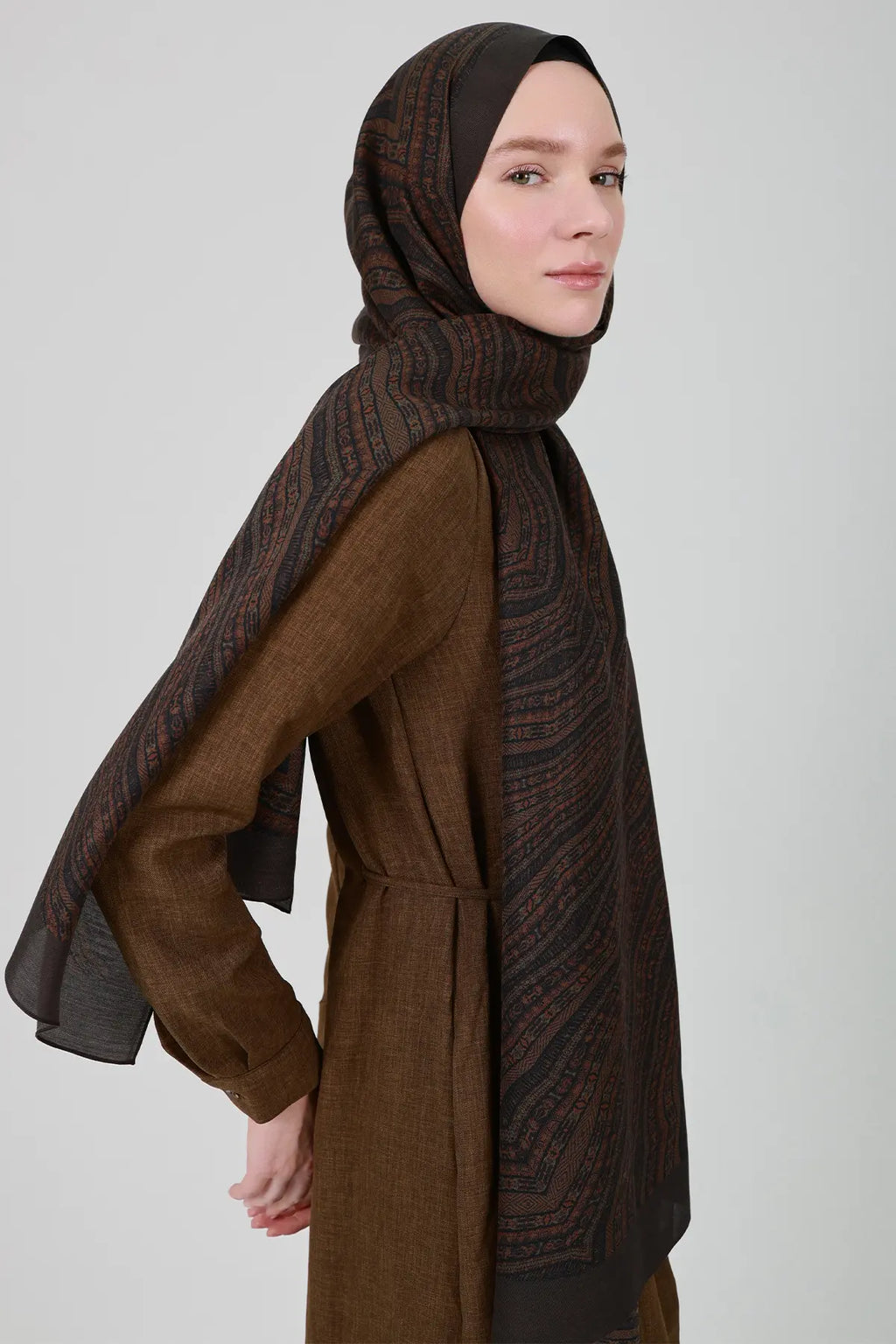 Siyera Desen İpek Şal - Kahve