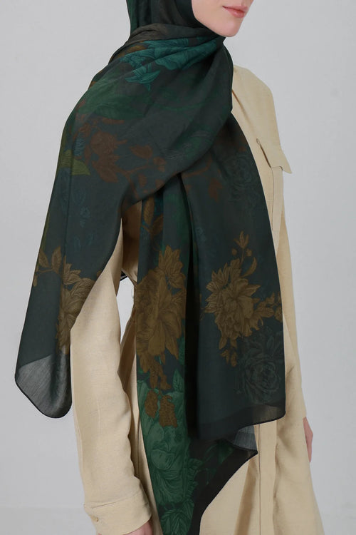 Antik Gül Desenli Yeşil Şal - MK25