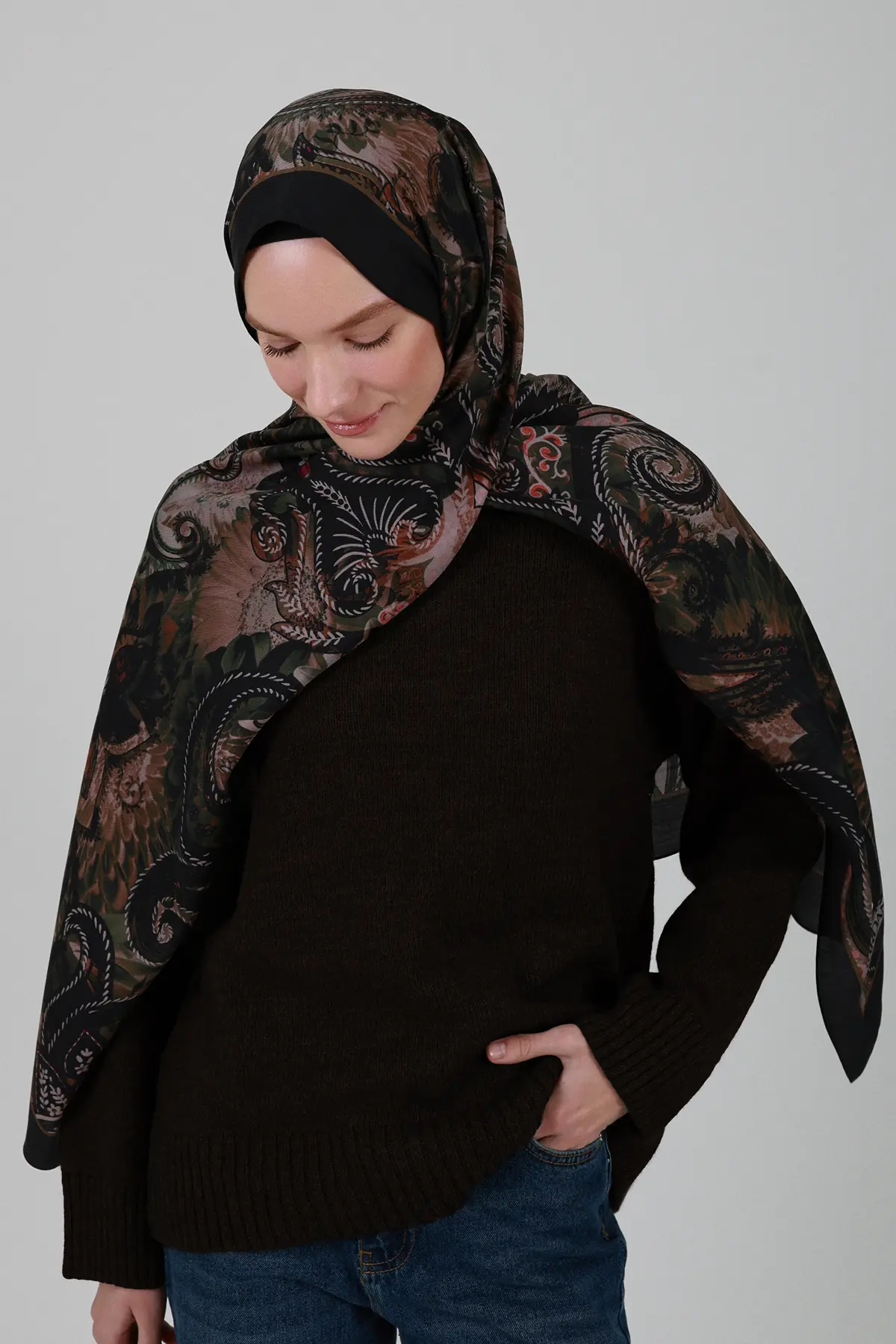 Sepya Desen İpek Şal - Haki