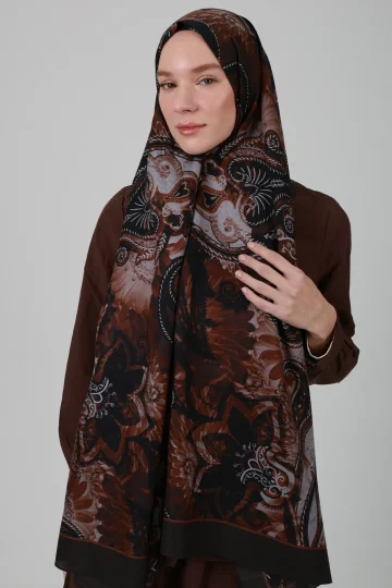 Sepya Desen İpek Şal - Kahve