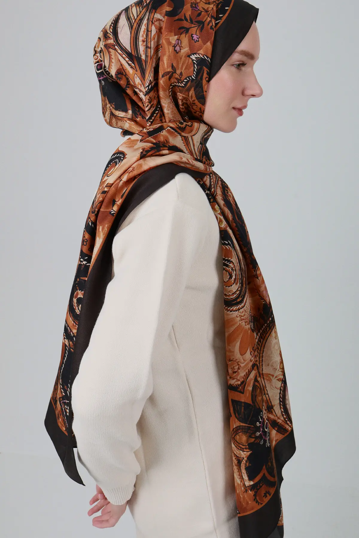 Sepya Desen İpek Şal - Taba